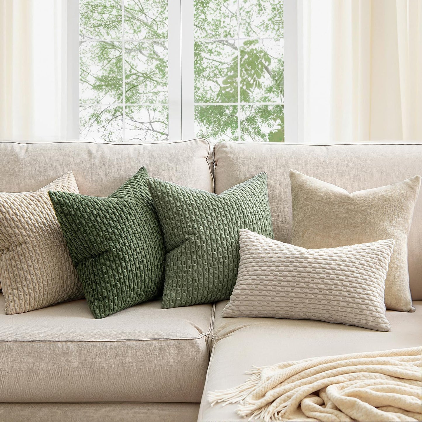 MIULEE Pack of 2 Decorative Throw Pillow Covers 18x18 Inch Soft Boho Striped Textured Corduroy Pillow Covers Spring Modern Farmhouse Home Decor for Couch Bed Sofa Living Room Sage Green