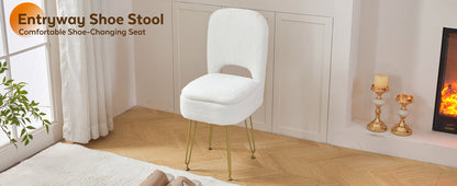 Vanity Chair with Storage and Folding Back, Faux Fur Square Storage Chair, Vanity Stool Chair with 4 Metal Legs for Bedroom, Living Room and Makeup Stations, 13.4"x 15"x 30", White