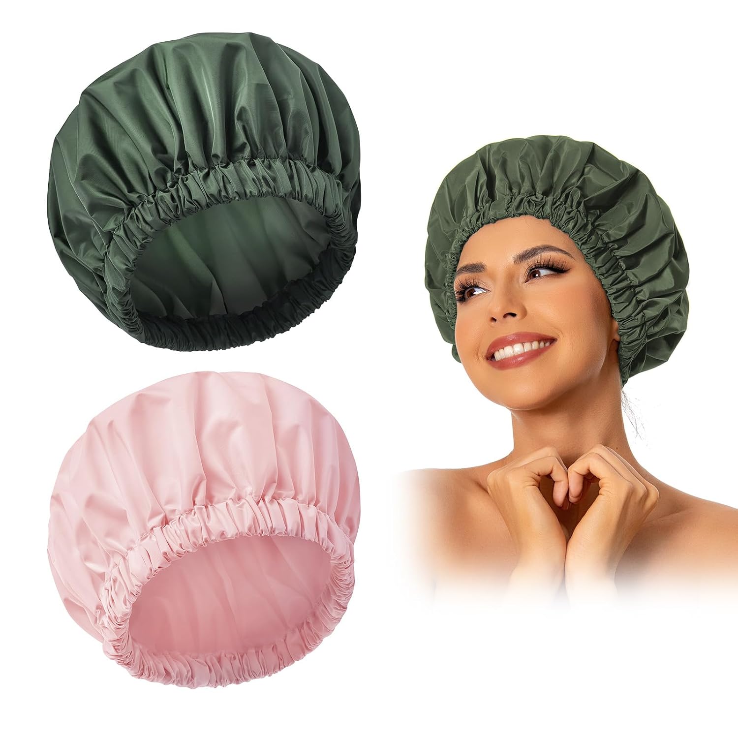 Reusable Shower Cap for Women, Large Waterproof Shower Bonnet Washable Elastic Band Bath Hair Hat for Long Hair, Braids(Pink)