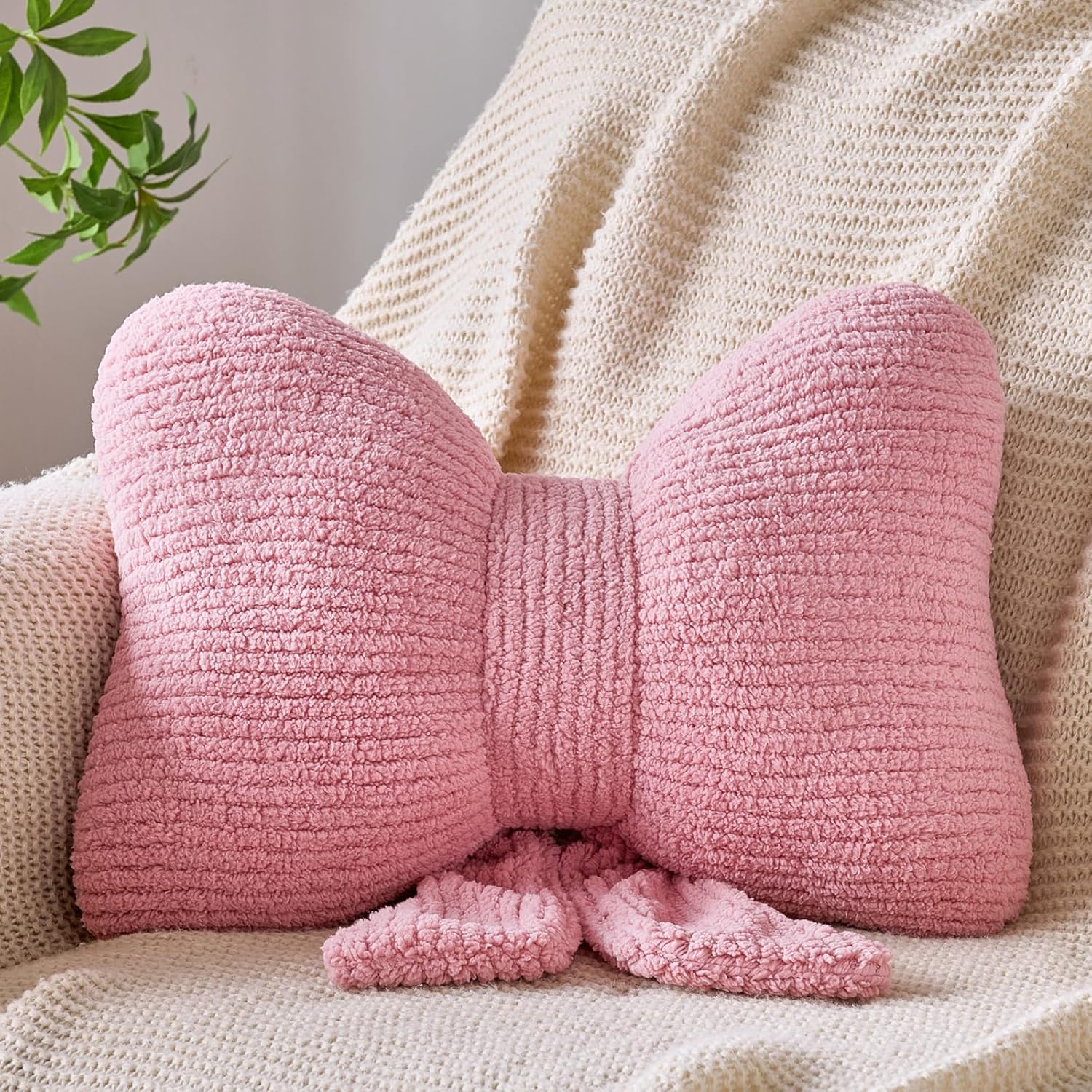 Bow Pillow, Decorative Throw Pillows with Soft Plush, Bow Throw Pillow for Couch Bed, Home Decor Bow Shaped Pillow for Bedroom Living Room (Hot Pink, 16 Inches)