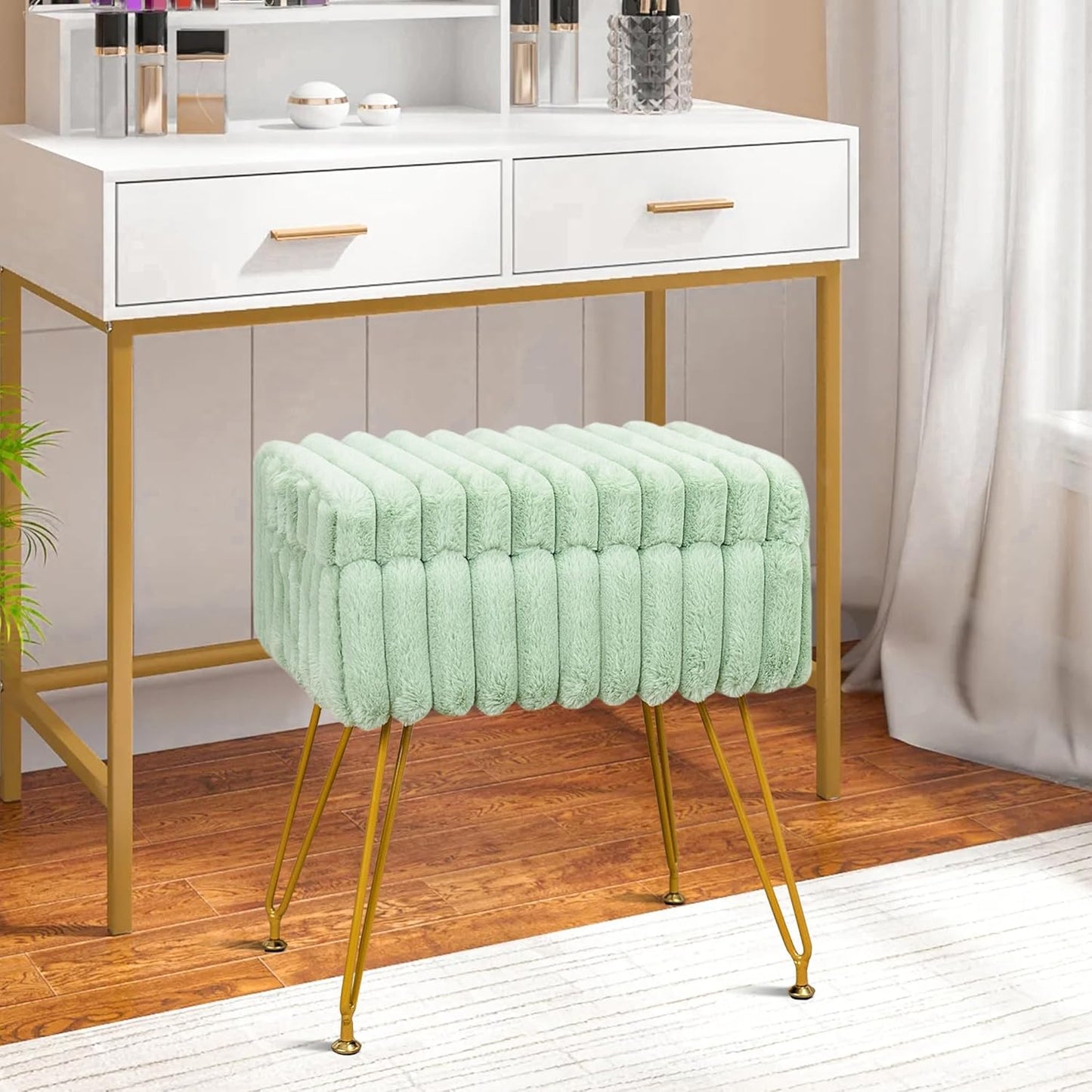 Faux Fur White Vanity Stool Chair with Storage Ottoman, Vanity Chair for Makeup Room, Vanity Stools for Bedroom, Footrest with Metal Legs and as a Coffee Table, White
