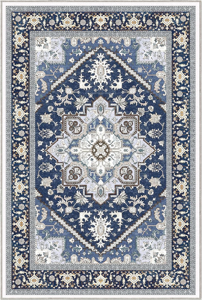 Soft Area Rugs 5x7, 5x7 Washable Rug with Non Slip Backing, 5 x 7 Faux Cashmere Low-Pile Carpet, Navy Blue & Gold