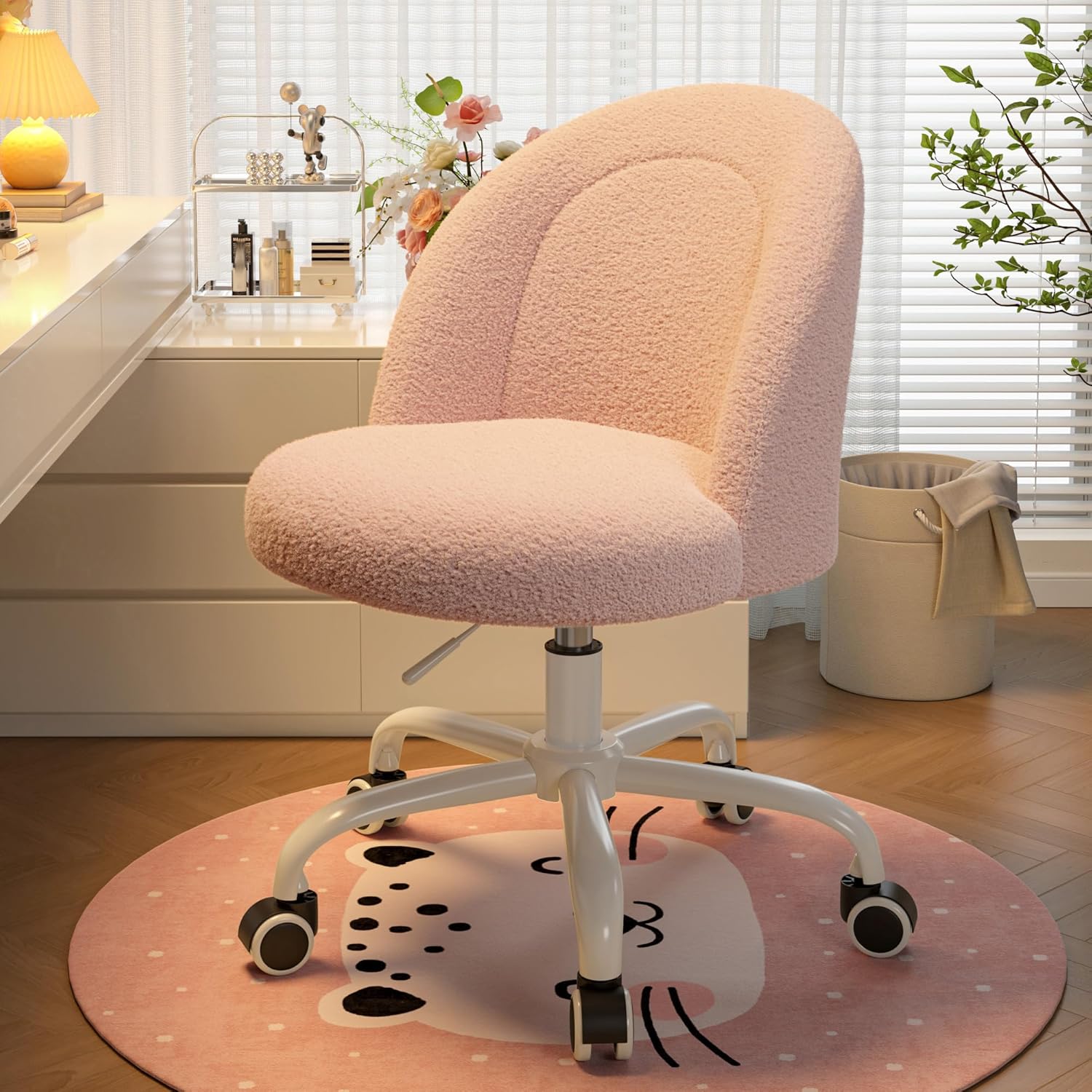 Vanity Chair, Small Desk Chair with Back, Height Adjustable & 360° Swivel, Stylish Armless Comfy Vanity Office Chair for Small Space, Bedroom