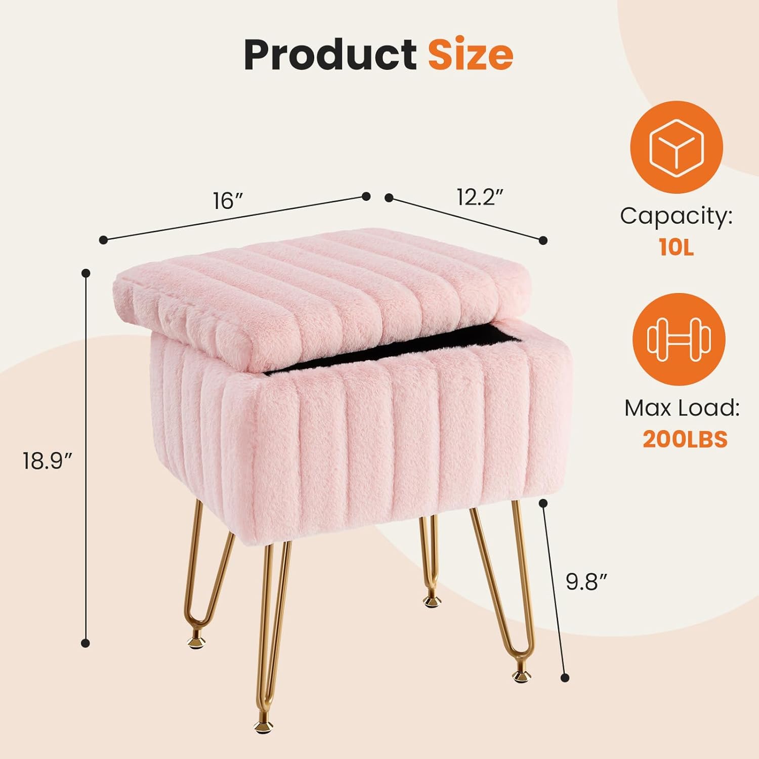 Vanity Stool Chair with Storage, 18.9”H x 16”L x 12.2”W Ottoman Chair Faux Fur Soft Padded Makeup Footstools Seat with 4 Metal Legs Anti-Slip Adjustable Feet for Make Up, Pink