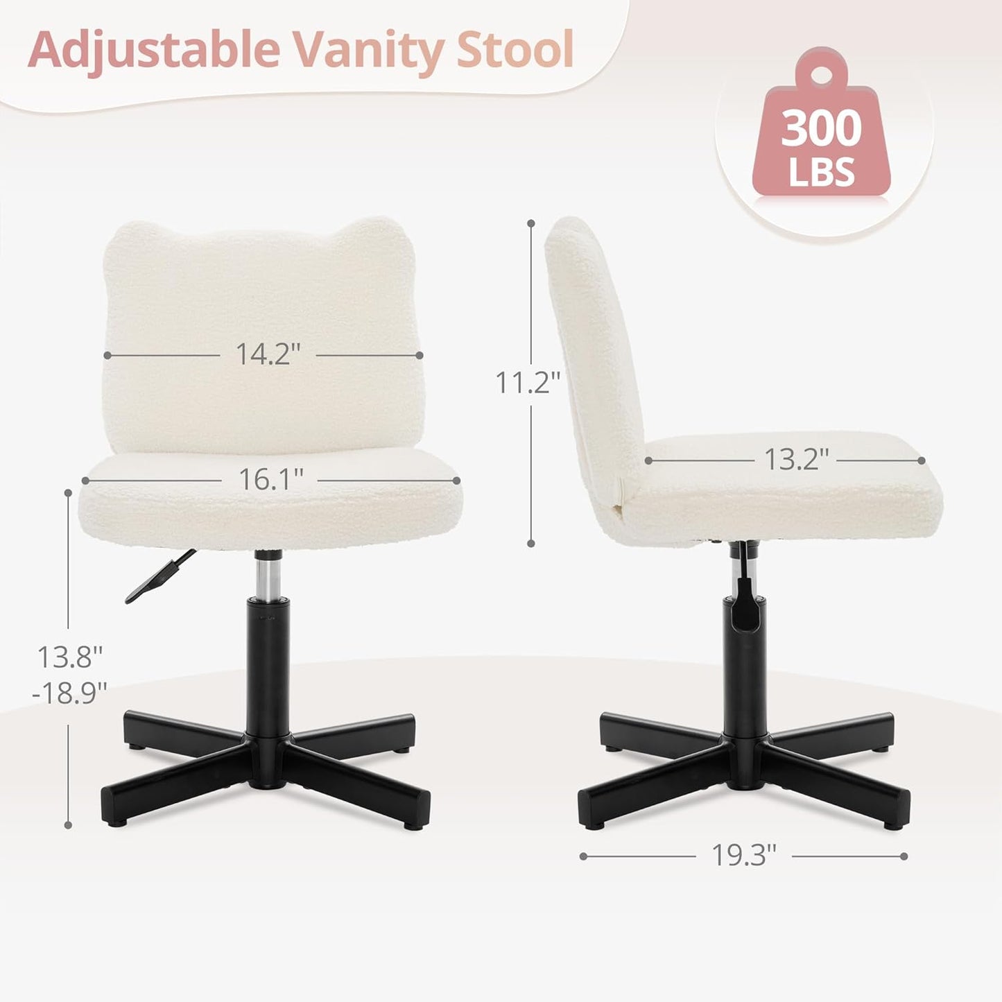 Adjustable Vanity Stool Chair with Girly Bear Ear Wide Back, 360° Swivel Vanity Stool for Makeup Room, Upholstered Teddy Velvet Ottoman for Teen Girls, 350lbs, Beige