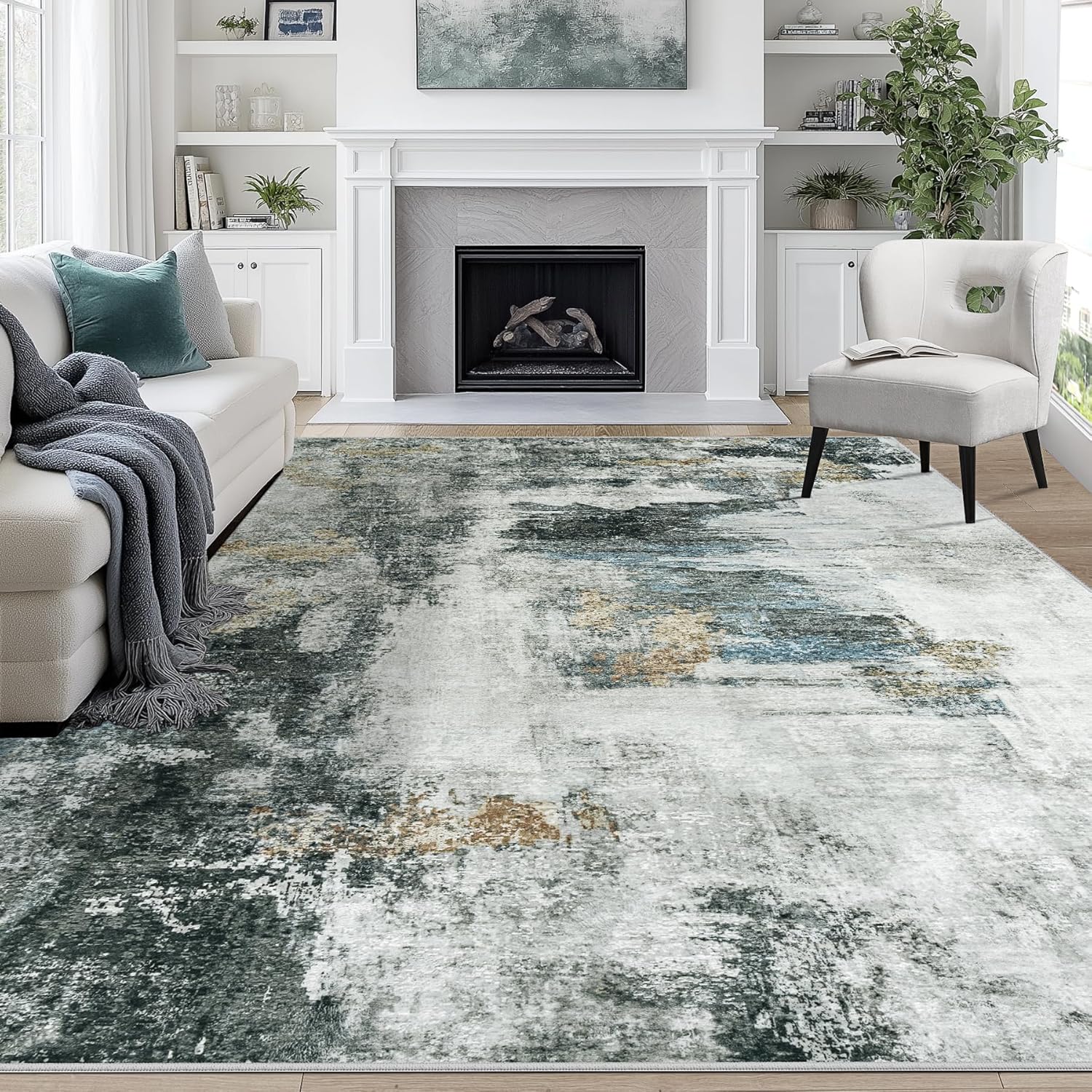 8x10 Area Rugs for Living Room Rug Washable: Abstract Large Rug for Dining Room Bedroom Carpet Non Slip 8 by 10 Indoor Modern Nursery Home Office Blue Grey