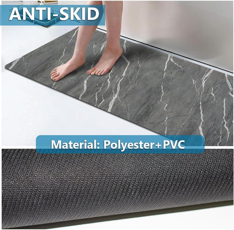 Rug Custom Size-Rubber Non Slip Quick Dry Super Absorbent Thin Rugs Fit Under Door-Washable Bathroom Floor Mats for in Front of Bathtub,Shower Room,Sink, Gray Marble, 3' x 5'