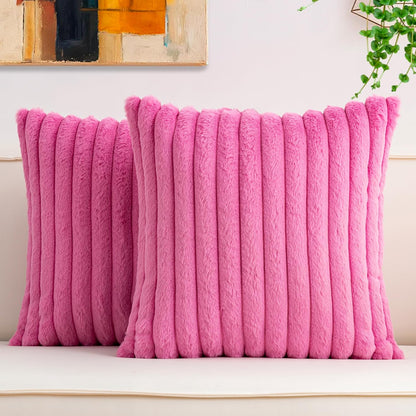 Pack of 2 Faux Fur Christmas Throw Pillow Covers 18x18 Inch, Soft Plush Striped Neutral Couch Pillow Cover, with Velvet Back Modern Home Decor for Sofa Living Room Couch Bed Cream White