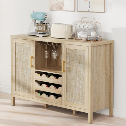 Rattan Wine Bar Cabinet, Boho Rattan Home Bar with Glass Holder and Drawer Style Racks, Oak Sideboard Buffet Storage Cabinet for Living Dining Room Kitchen