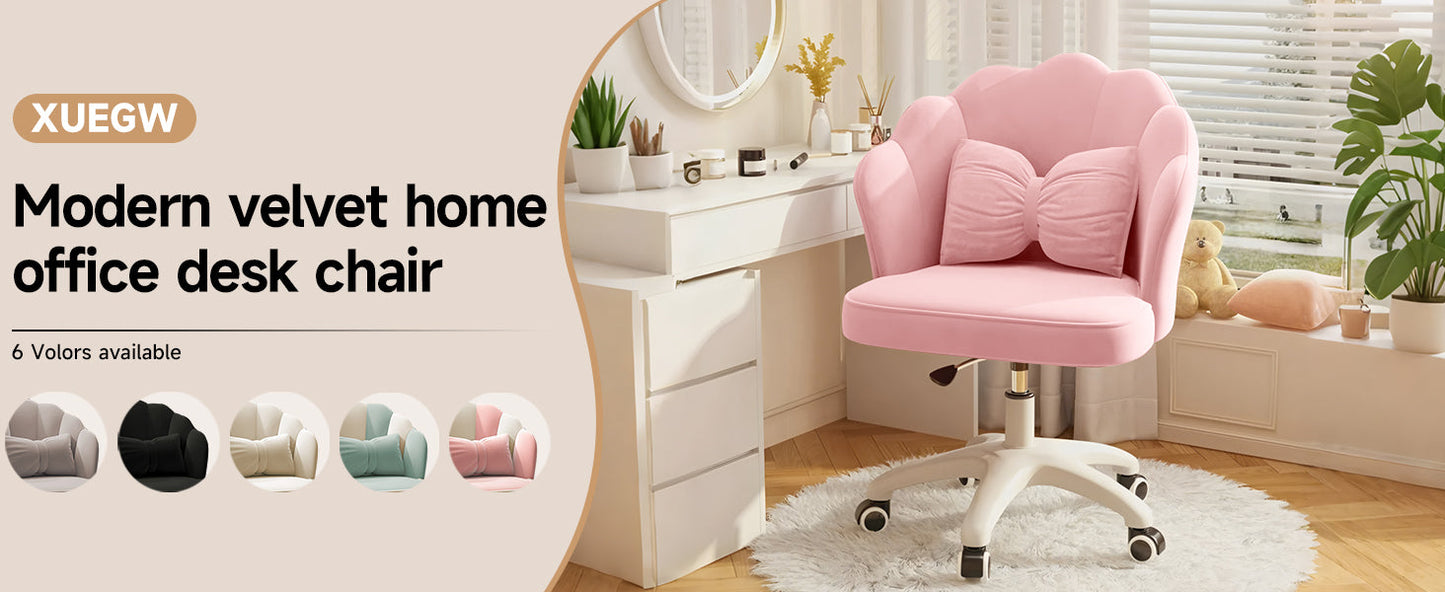 Chair with Bow Cushion Velvet Vanity Chair with Wheels, Upholstered Home Office Chair for Girls Women, Mid-Back Swivel Computer Task Chairs for Living Room Bedroom
