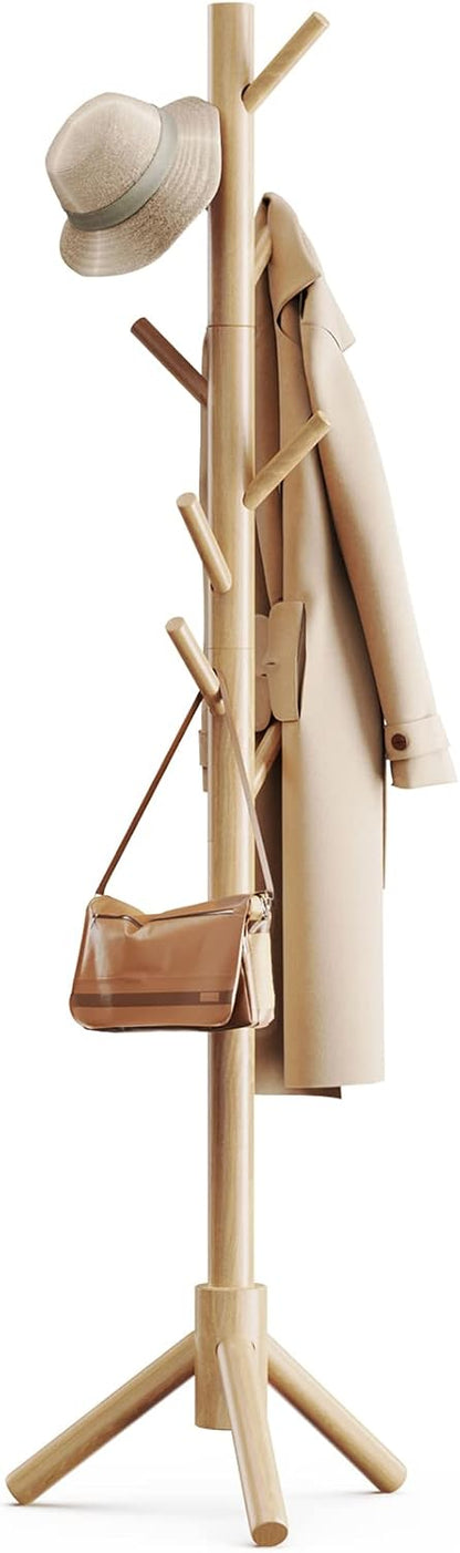 Sturdy Wooden Coat Tree with 8 Hooks, 3 Adjustable Sizes for Clothes, Hat Stand Used in Bedroom/Office/Entryway, Brown