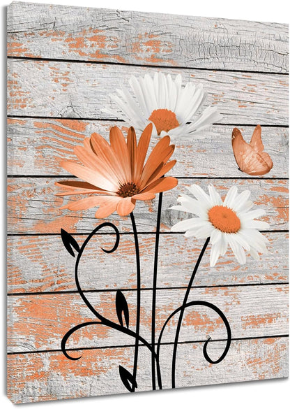 Farmhouse Floral Wall Art for Living Room, Blue and White Daisy Flower and Butterfly on Rustic Wood Board Canvas Wall Art Framed Artwork Ready to Hang for Bathroom Bedroom Decor, 16L X 12W