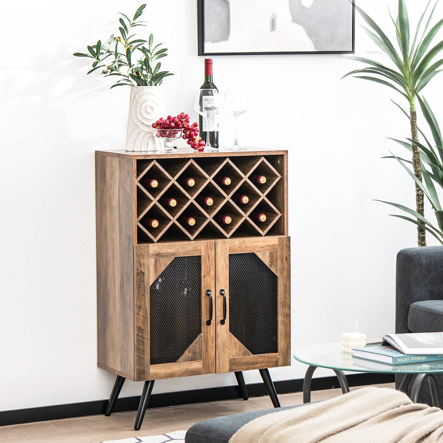 Giantex Farmhouse Wine Bar Cabinet, 11 Bottles Rack, Buffet Cabinet with Storage, Industrial Kitchen Sideboard, Anti-Tipping Design, 2 Doors, Glass Holder, for Living Room (Brown & Black)