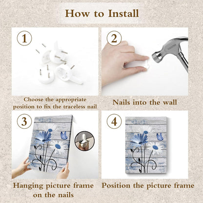 Farmhouse Floral Wall Art for Living Room, Blue and White Daisy Flower and Butterfly on Rustic Wood Board Canvas Wall Art Framed Artwork Ready to Hang for Bathroom Bedroom Decor, 16L X 12W
