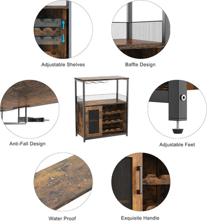 Wine Bar Rack Cabinet with LED Light, Adjustable Shelves Coffee Bar Cabinet with Mesh Door and Baffle Design, 36″ Tall Small Liquor Bar Cabinet for Home, Kitchen, Dinning Room, Rustic Brown