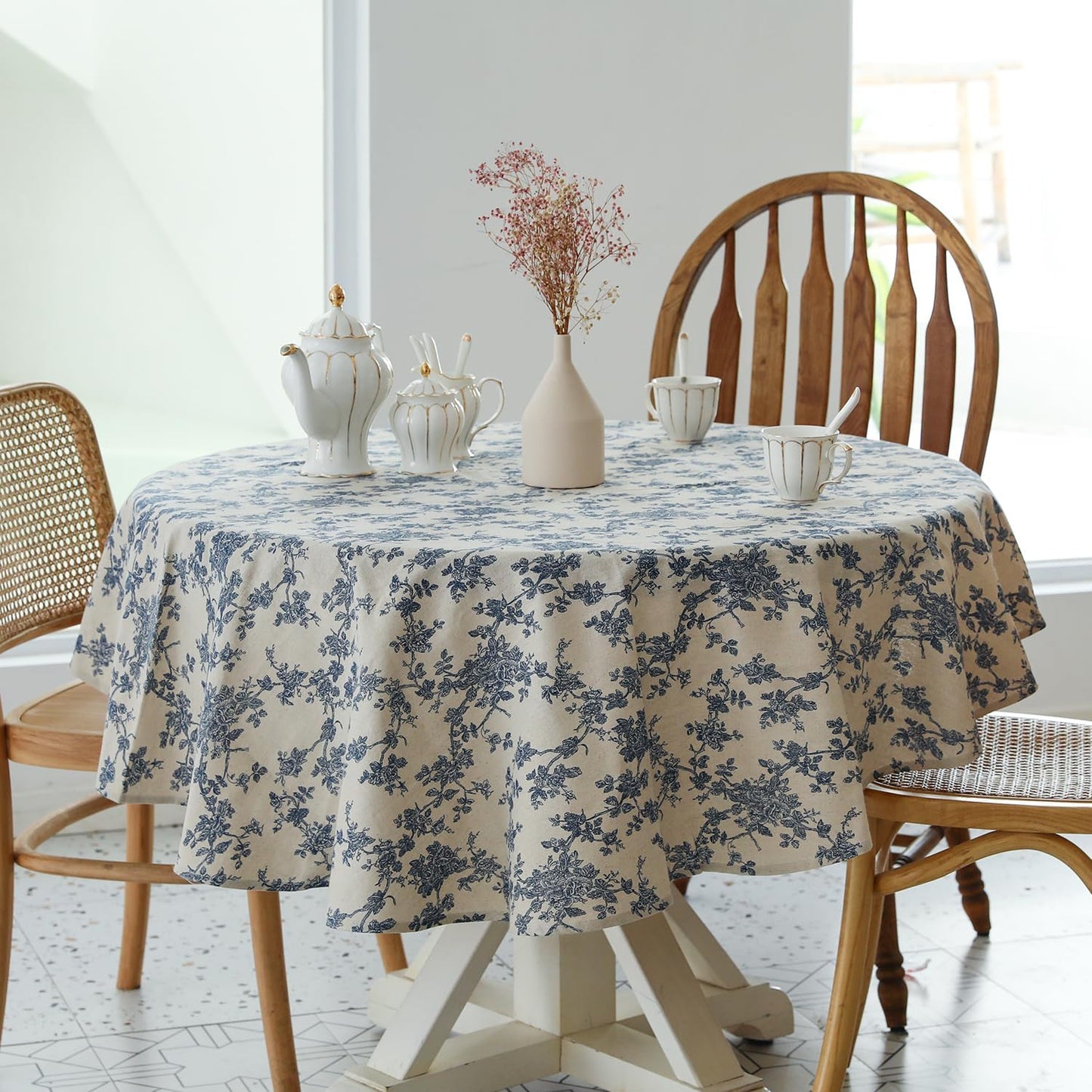 Pastoral Round Tablecloth - 60 Inch Dia. Table Cloth - Washable Table Cover with Dust-Proof Wrinkle Resistant for Restaurant, Picnic, Indoor and Outdoor Dining, Floral (Dark Blue)