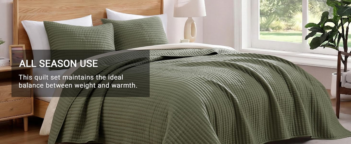 Queen Quilt-3 Pieces Lightweight Bedspreads Olive Green Queen Size Quilt Bedding Set for All Seasons, Soft Summer Coverlet with 2 Pillow Shams Suitable for Bed & Couch