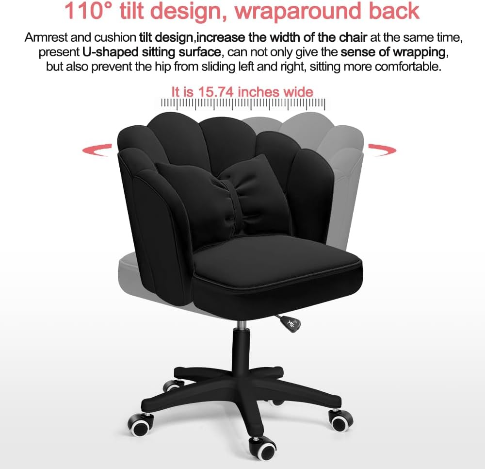 Chair with Bow Cushion Velvet Vanity Chair with Wheels, Upholstered Home Office Chair for Girls Women, Mid-Back Swivel Computer Task Chairs for Living Room Bedroom