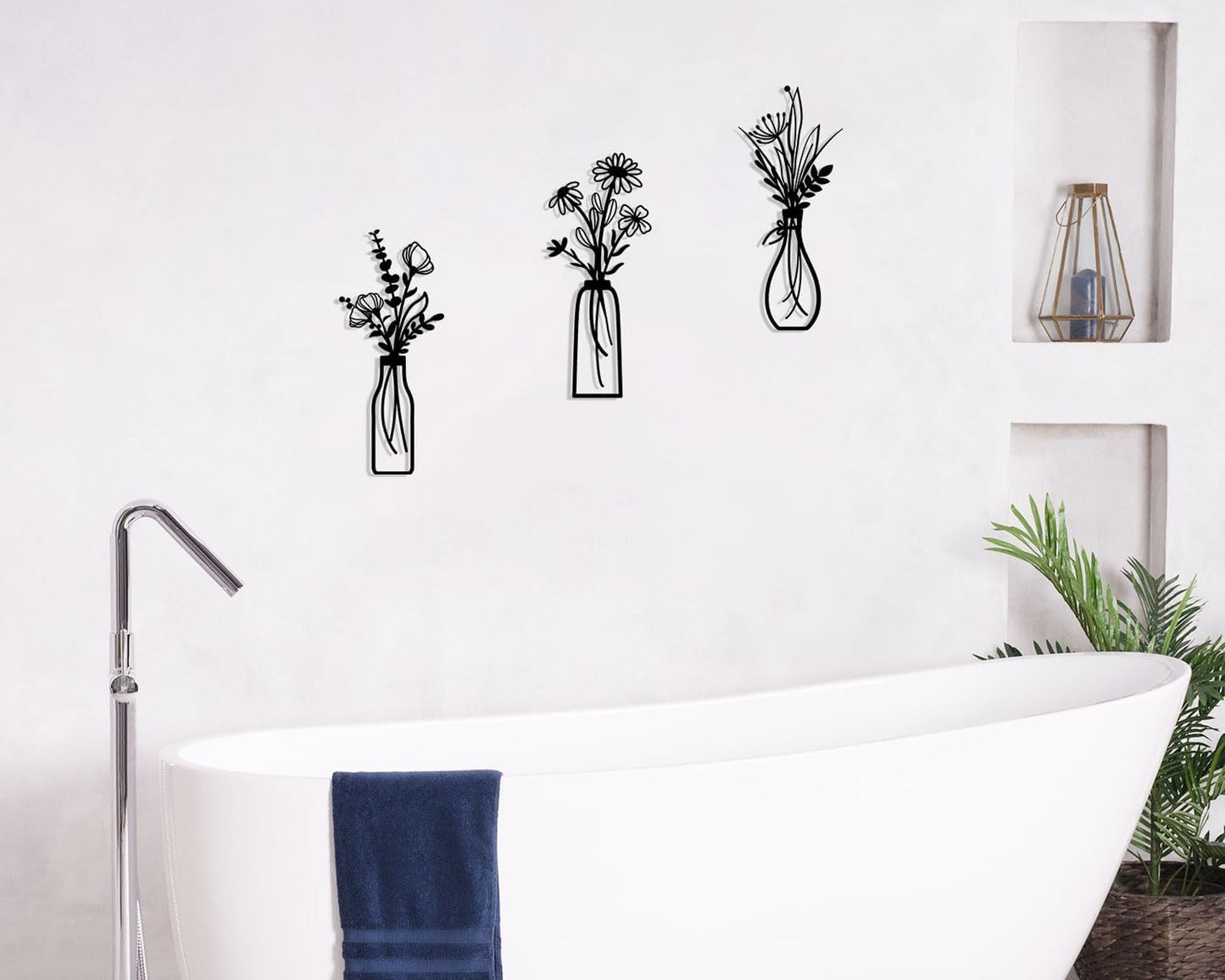 3 Pieces Metal Flowers Wall Arts - Rustic Farmhouse Decor Black Minimalist Flower Wall Decors for Living room Bathroom Bedroom Dining Room - Housewarming Gifts(Black, Vase-C)