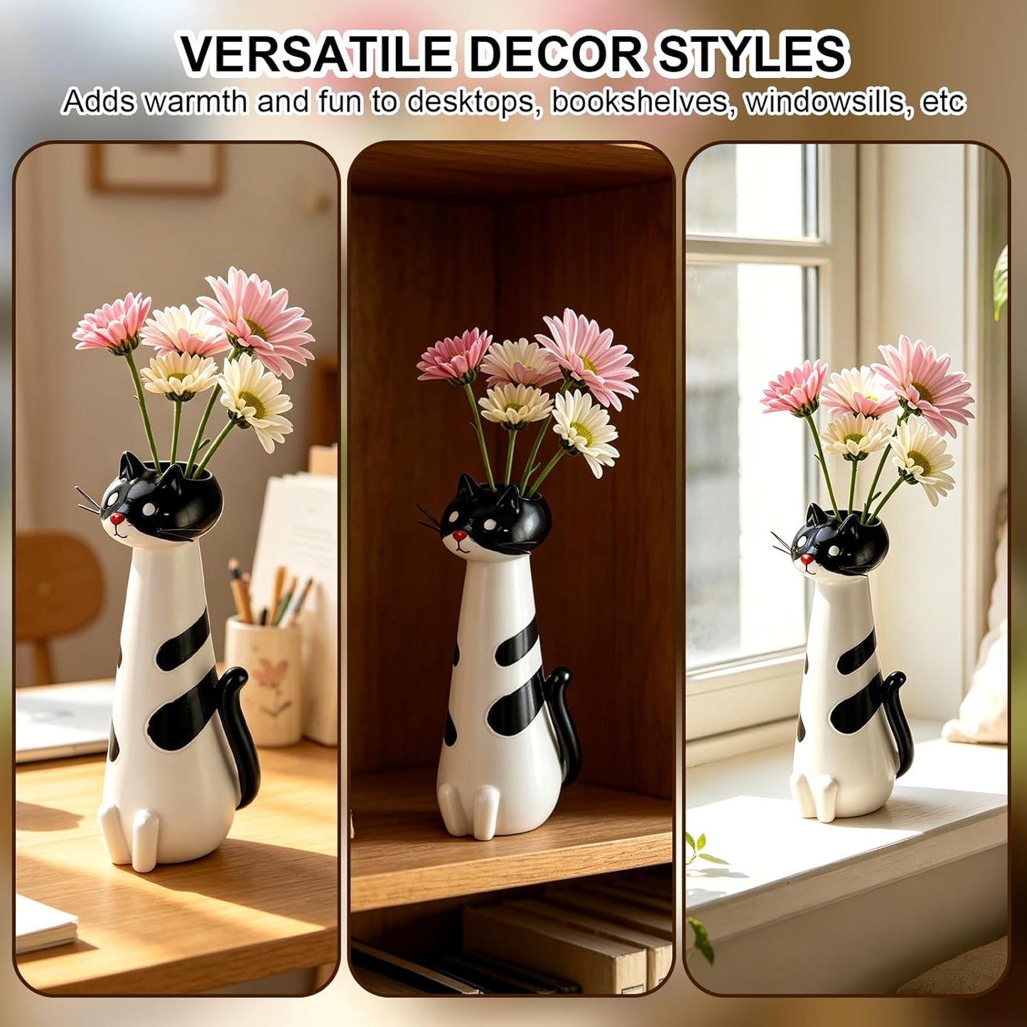 Quirky Cat Vase, Handcrafted Ceramic Cat Vase, Whimsical Kitty Planter for Small Flowers Boho Home Decor(White)