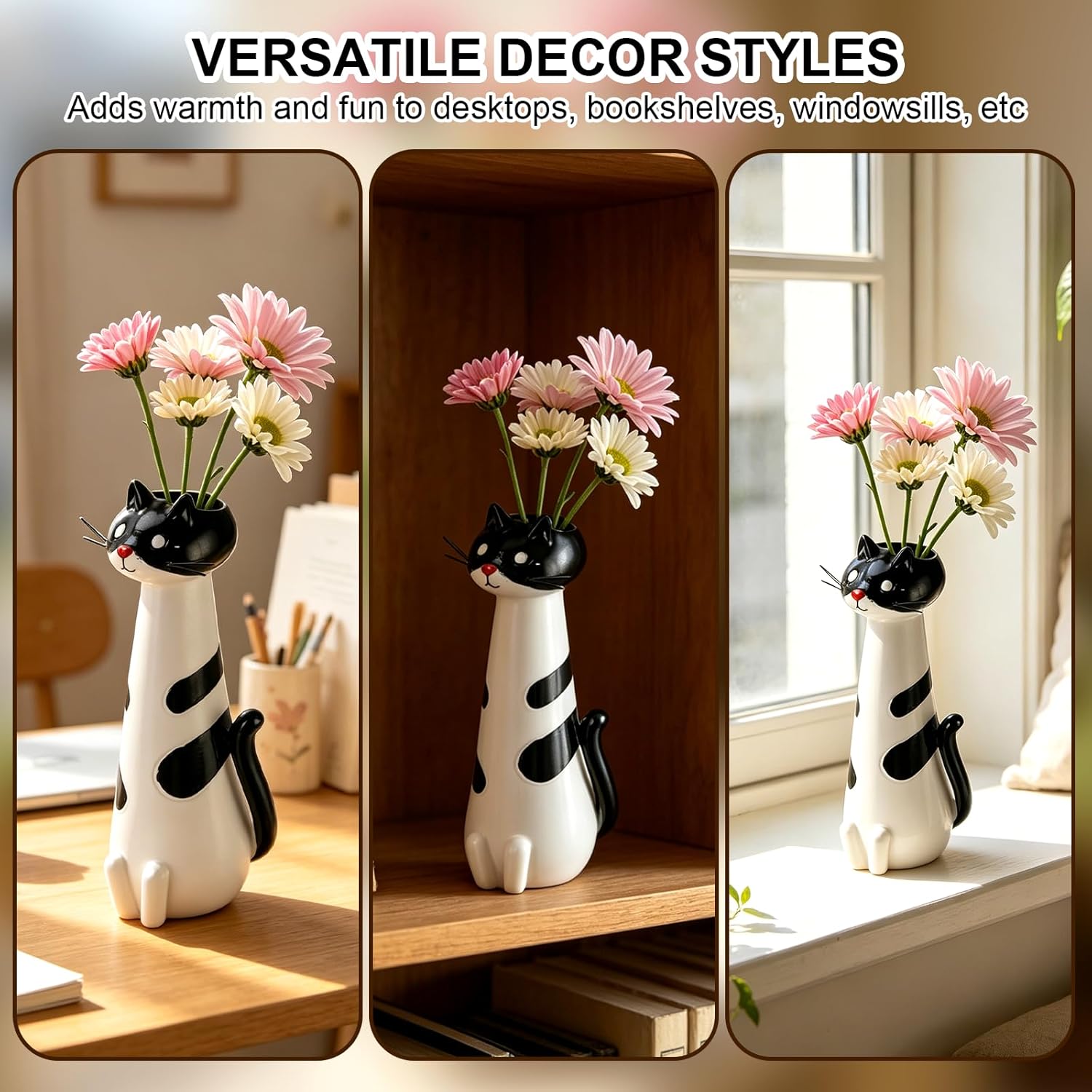Quirky Cat Vase, Handcrafted Ceramic Cat Vase, Whimsical Kitty Planter for Small Flowers Boho Home Decor(White)