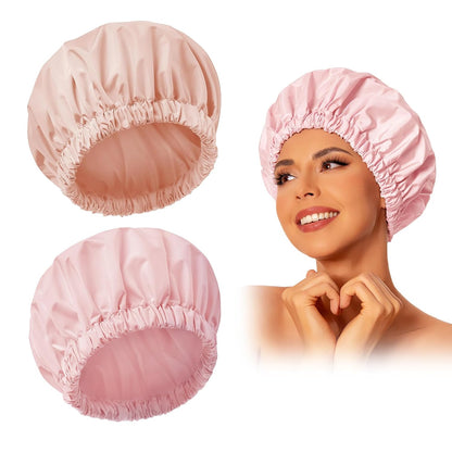Reusable Shower Cap for Women, Large Waterproof Shower Bonnet Washable Elastic Band Bath Hair Hat for Long Hair, Braids(Pink)