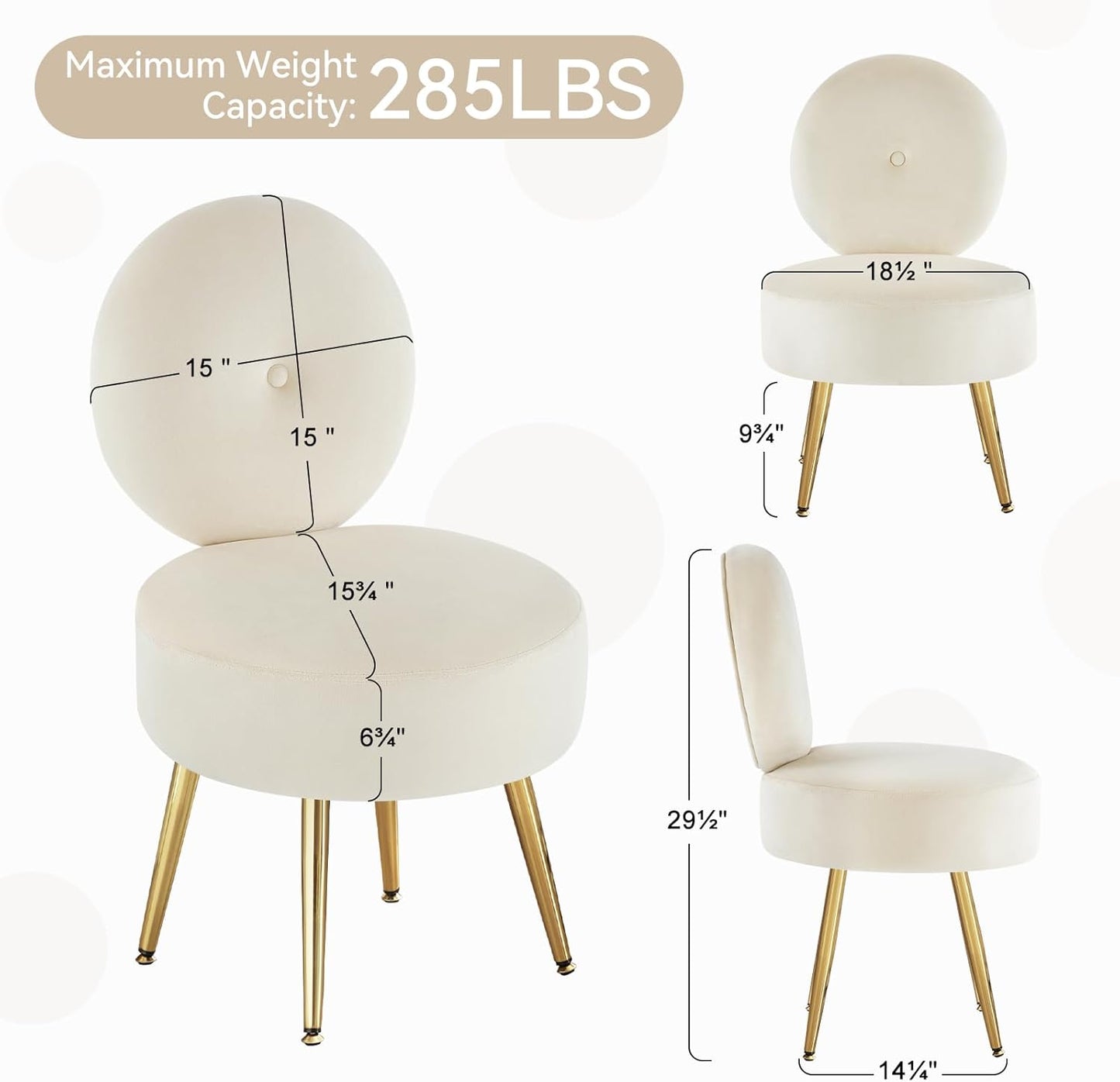 Armless Vanity Chair for Makeup Room, Velvet Vanity Stool with Back, Living Room Chair with Solid Metal Legs for Bedroom, Study Room, Vanity(Khaki)