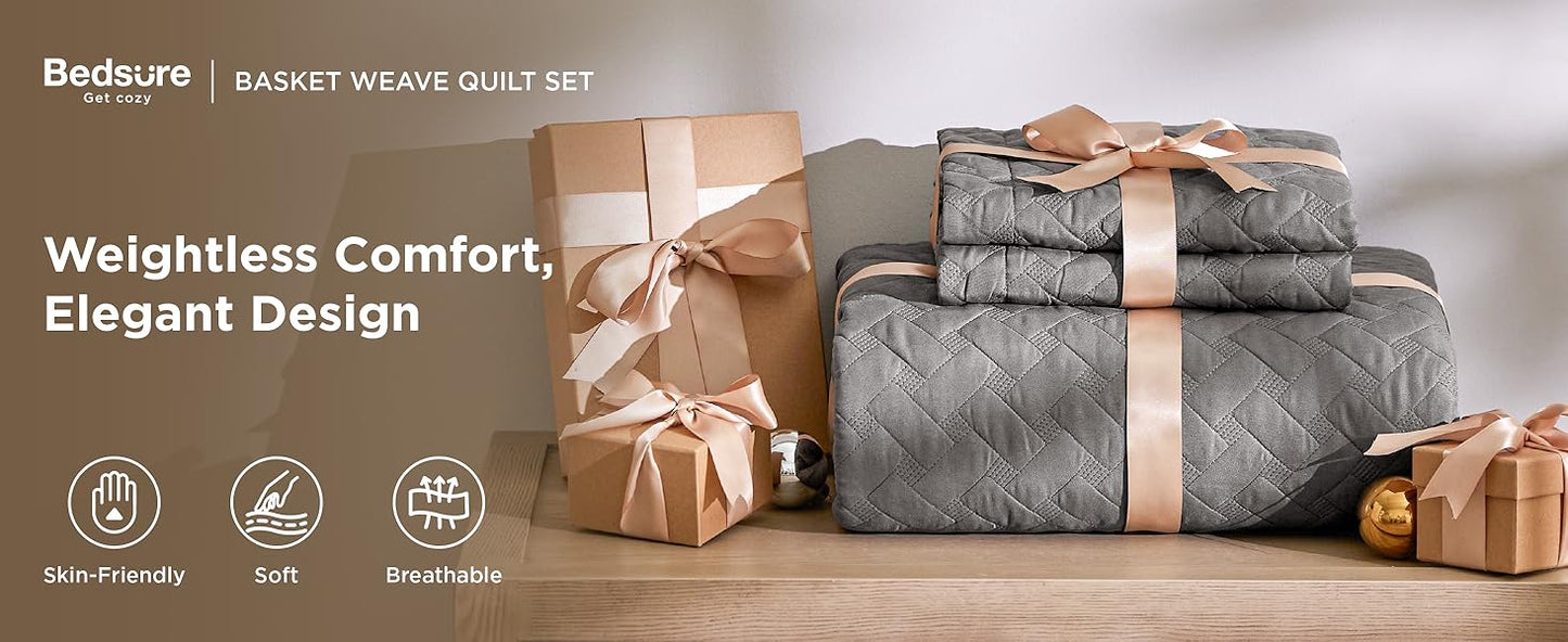Quilts Queen Size - Grey Bedspreads Queen Size with Basket Weave Pattern, Soft Quilt Bedding Set, Lightweight Comforter Set Coverlet for All Seasons with 2 Pillow Shams (90" x 96") | Skin-Friendly Soft, All-Season Comfort, Breathable