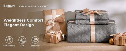 Quilts Queen Size - Grey Bedspreads Queen Size with Basket Weave Pattern, Soft Quilt Bedding Set, Lightweight Comforter Set Coverlet for All Seasons with 2 Pillow Shams (90" x 96") | Skin-Friendly Soft, All-Season Comfort, Breathable