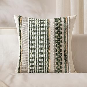 ANRODUO Pack of 2 Boho Decorative Throw Pillow Covers 18x18 Farmhouse Cushion Case Striped Chenille Pillow Cases Square Pillow Covers Accent Neutral Pillowcase for Sofa Couch Bed, Olive Green Stripe