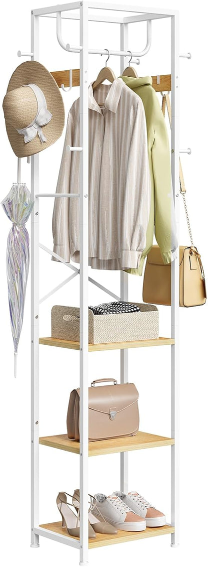 Coat Rack Freestanding, Hall Tree with 3 Storage Shelves and 12 Hooks, Industrial Clothes Rack Stand Organizer for Bedroom, Hallway, Entryway, Office, Living Room, Rustic Brown