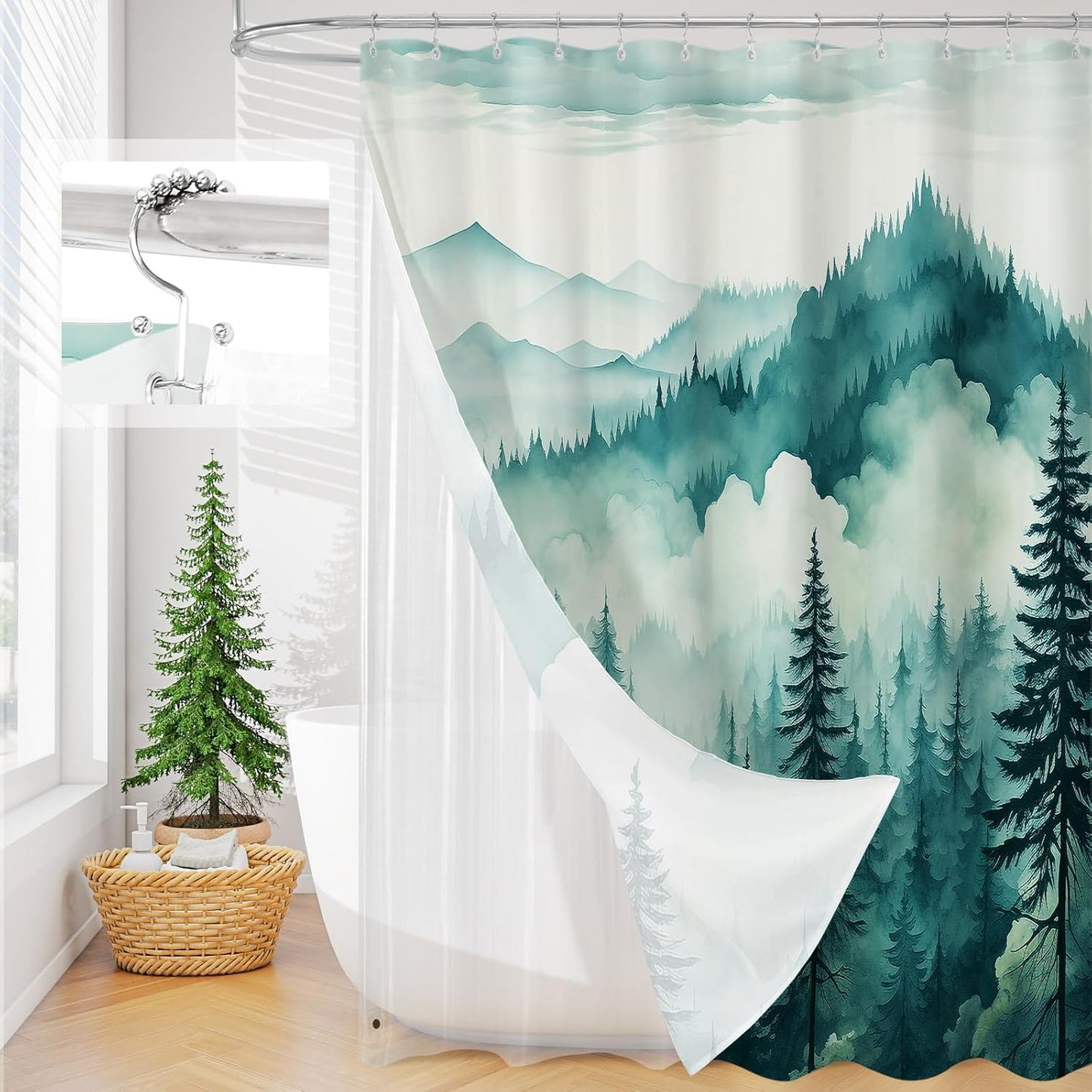 3 in 1 Shower Curtain Set, DarkGreen Misty Pine Forest Fabric Shower Curtain with PEVA Liner and Double Sided Hooks, Bathroom Curtain Waterproof 72x72
