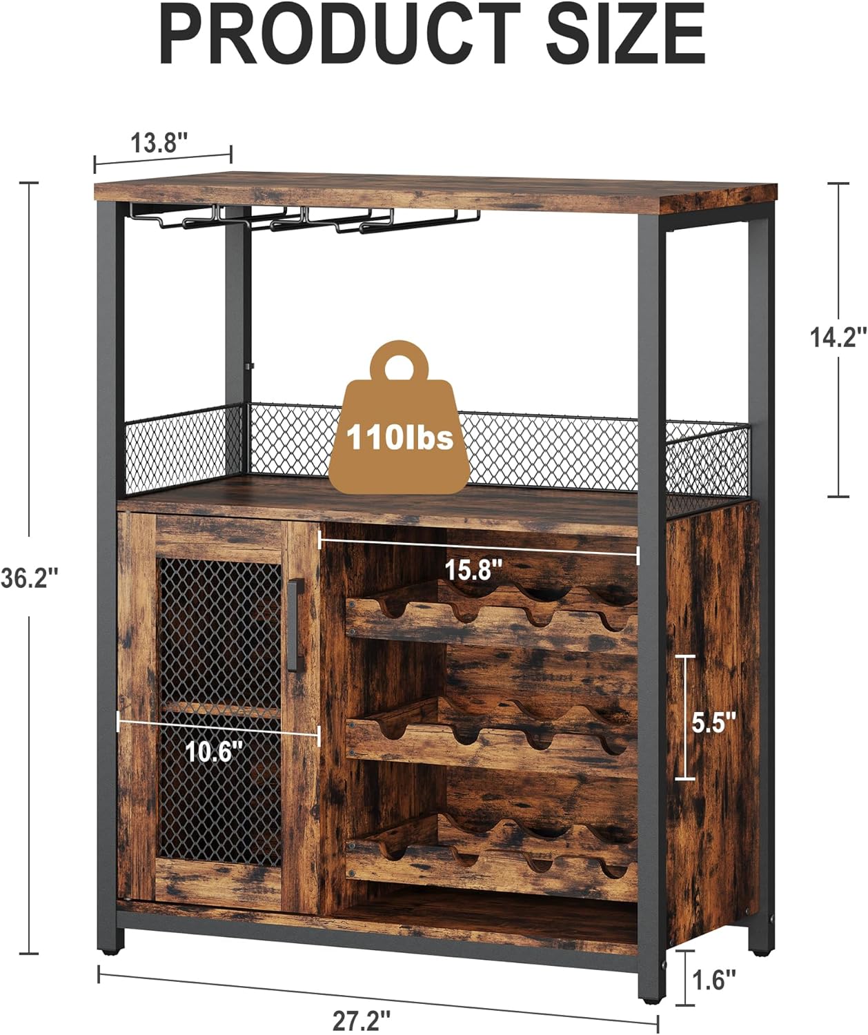 Wine Bar Rack Cabinet with LED Light, Adjustable Shelves Coffee Bar Cabinet with Mesh Door and Baffle Design, 36″ Tall Small Liquor Bar Cabinet for Home, Kitchen, Dinning Room, Rustic Brown