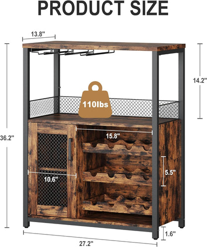 Wine Bar Rack Cabinet with LED Light, Adjustable Shelves Coffee Bar Cabinet with Mesh Door and Baffle Design, 36″ Tall Small Liquor Bar Cabinet for Home, Kitchen, Dinning Room, Rustic Brown