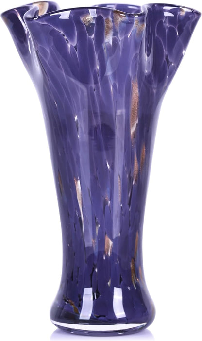 9.0" H Teal Glass Vases for Flowers, Unique Hand Blown Glass Vase Green Home Decor, Wide Mouth Colorful Flower Vase Centerpieces, for Living Room Table Bookshelf, Bathroom Office Shelf Decorative