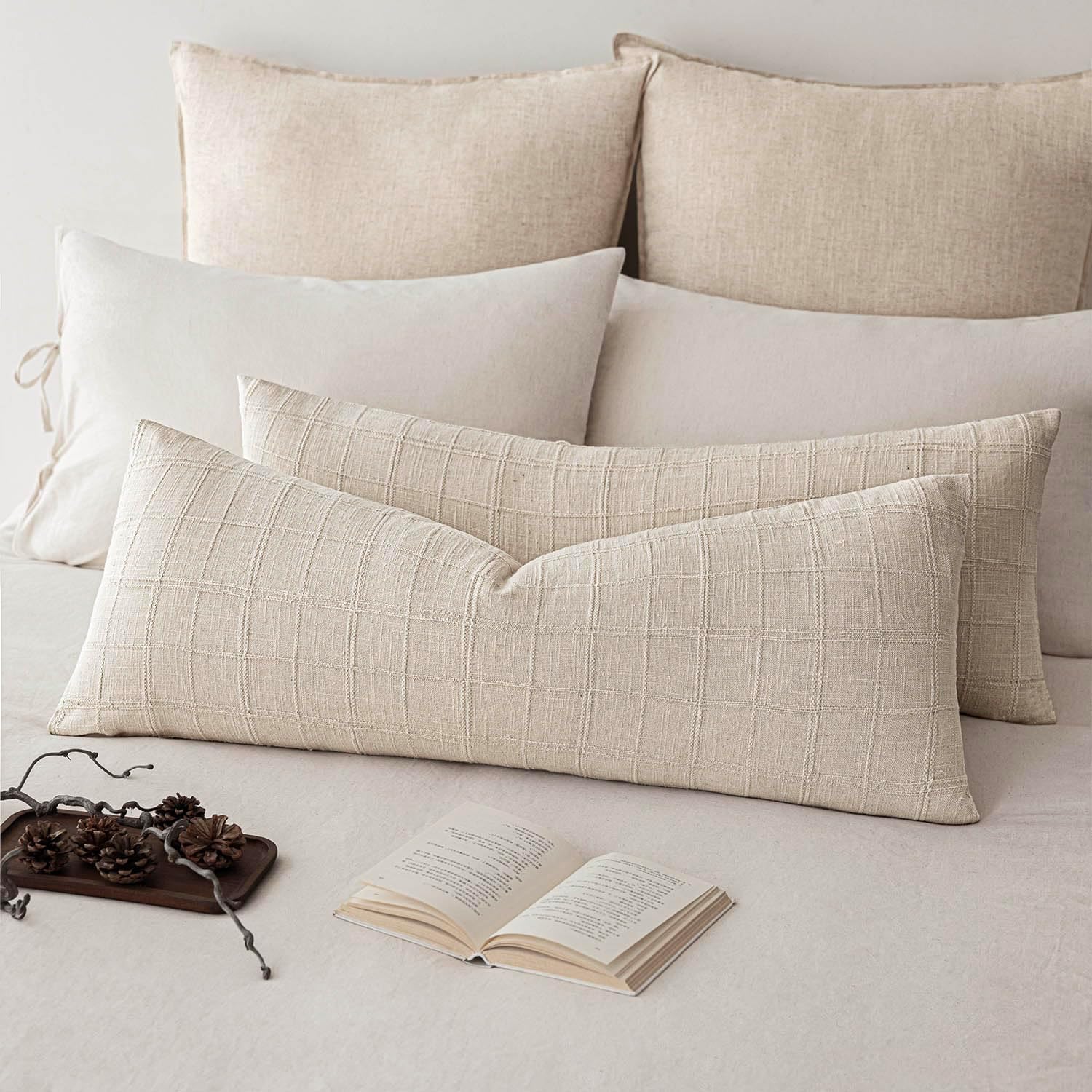 Foindtower Set of 2 Decorative Linen Check Throw Pillow Covers Neutral Farmhouse Vintage Cushion Covers Modern Boho Home Decor for Sofa Chair Couch Bedroom Living Room,18×18 Inch,Natural Beige