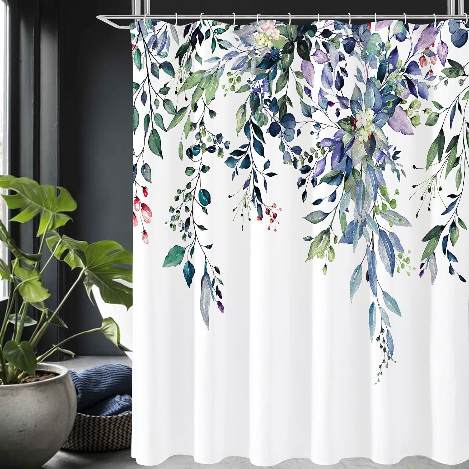 Grey Eucalyptus Shower Curtain, Watercolor Plant Leaves with Floral Bathroom Shower Curtain Set, Gray White, 72x72