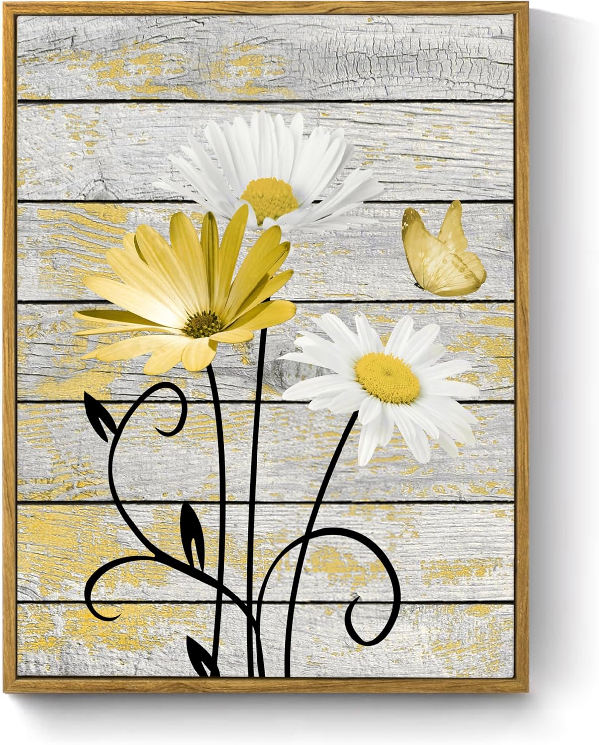 Farmhouse Floral Wall Art for Living Room, Blue and White Daisy Flower and Butterfly on Rustic Wood Board Canvas Wall Art Framed Artwork Ready to Hang for Bathroom Bedroom Decor, 16L X 12W