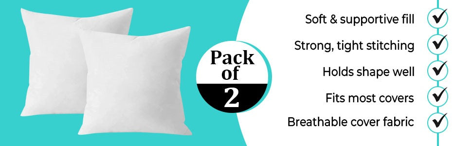 QUBA LINEN 18 x 18 Throw Pillow Insert - Pack of 2 White, Down Alternative Pillow Inserts for Decorative Pillow Covers, Throw Pillows for Bed, Couch Pillows for Living Room (Pack of 2)