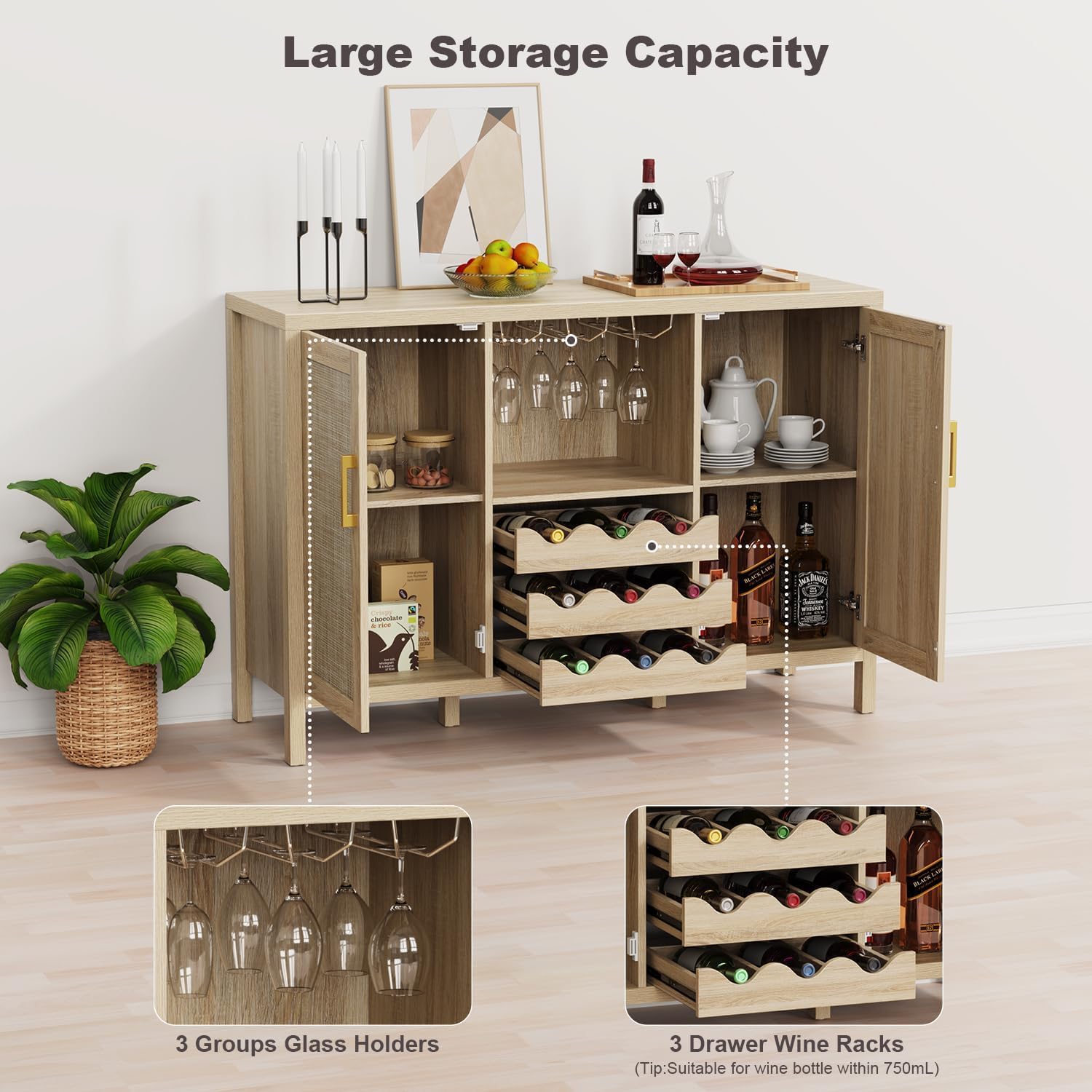 Rattan Wine Bar Cabinet, Boho Rattan Home Bar with Glass Holder and Drawer Style Racks, Oak Sideboard Buffet Storage Cabinet for Living Dining Room Kitchen