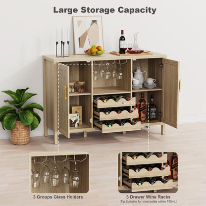 Rattan Wine Bar Cabinet, Boho Rattan Home Bar with Glass Holder and Drawer Style Racks, Oak Sideboard Buffet Storage Cabinet for Living Dining Room Kitchen