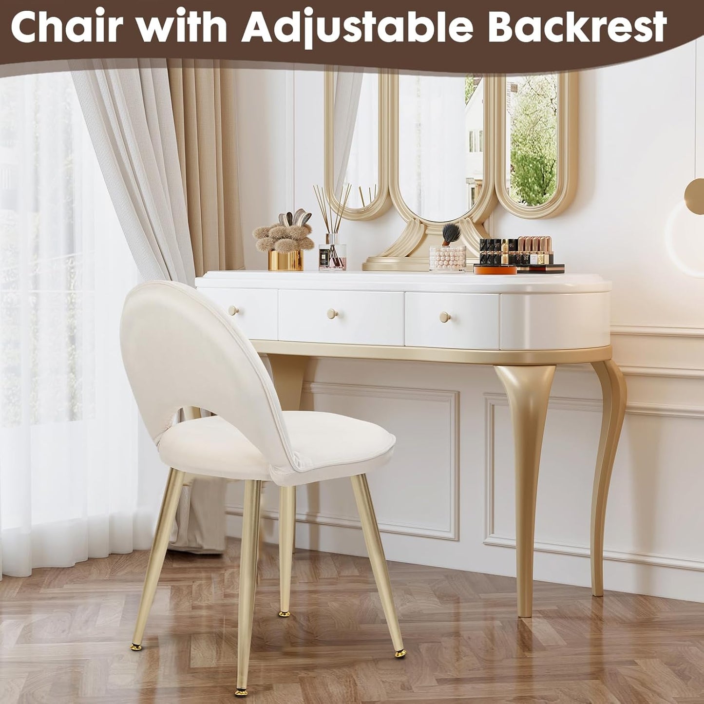 Chair with Adjustable Backrest Makeup Vanity Stool with Back Multifunction Armless Chair for Dressing Home Office Kitchen Dinning Room and Living Room (Velvet White)