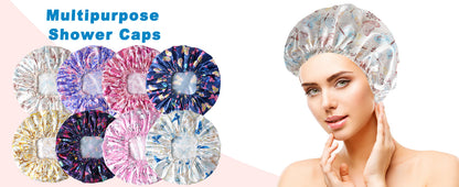 4 PCS Shower Caps for Women, Elastic and Reusable Bath Caps, Double Waterproof Layers Shower Cap, Bathing Shower Caps, Environmental Protection Hair Bath Hat - Printed Color