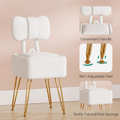 Small Vanity Chair with Storage and Folding Back, 14.2" D x 12.6" W x 28.3" H Soft Storage Ottoman, Footrest Stool, Teddy Fleece Vanity Stool for Makeup, Bedroom, Living Room, White