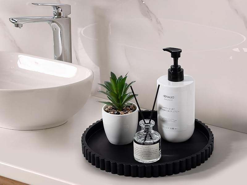 Round Bathroom Tray Silicone Kitchen Counter Decor Vanity Organizer Decorative Coffee Table Tray for Perfume, Candle, Soap Dish, 9 Inch, Black
