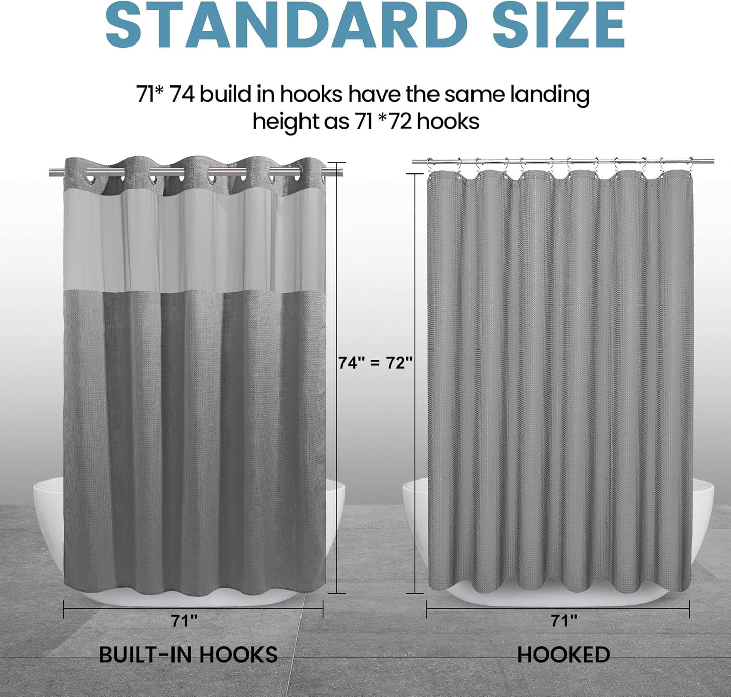 Grey Shower Curtain and Liner Set - 230GSM Waffle Weave Textured Heavy Duty,Hotel Luxury Weighted Bath Curtain,71W x 74H