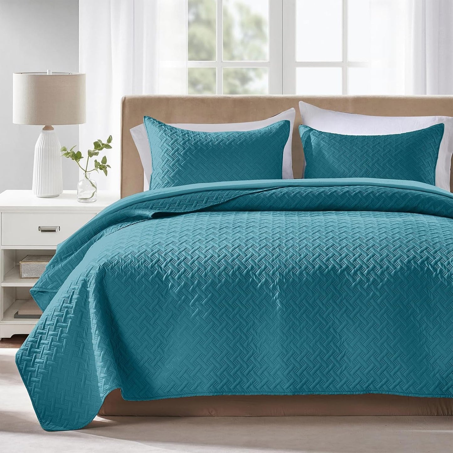 Quilts Queen Size - Ultra Soft Navy Blue Quilt Lightweight Microfiber Bedspreads, Classic Basket Weave Pattern Bedspread Bed Coverlet 3 Pieces for All-Season (1 Quilt, 2 Pillow Shams) | Breathable material, Easy care