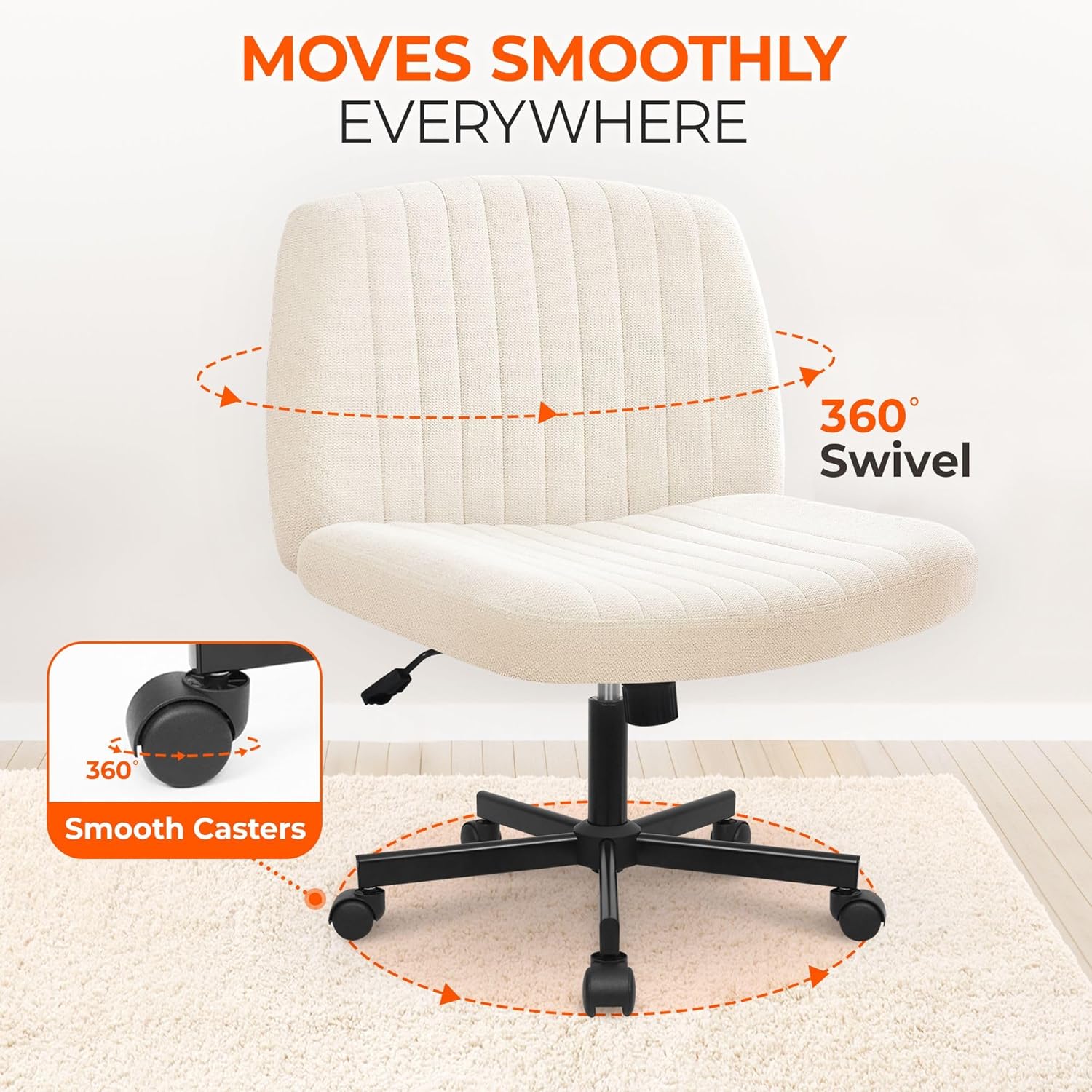 Chair Wheels Wide Cross Legged Office Desk Vanity Chair Comfy Fabric Armless Adjustable Swivel for Home Computer Task (Beige Wheel, Fabric)