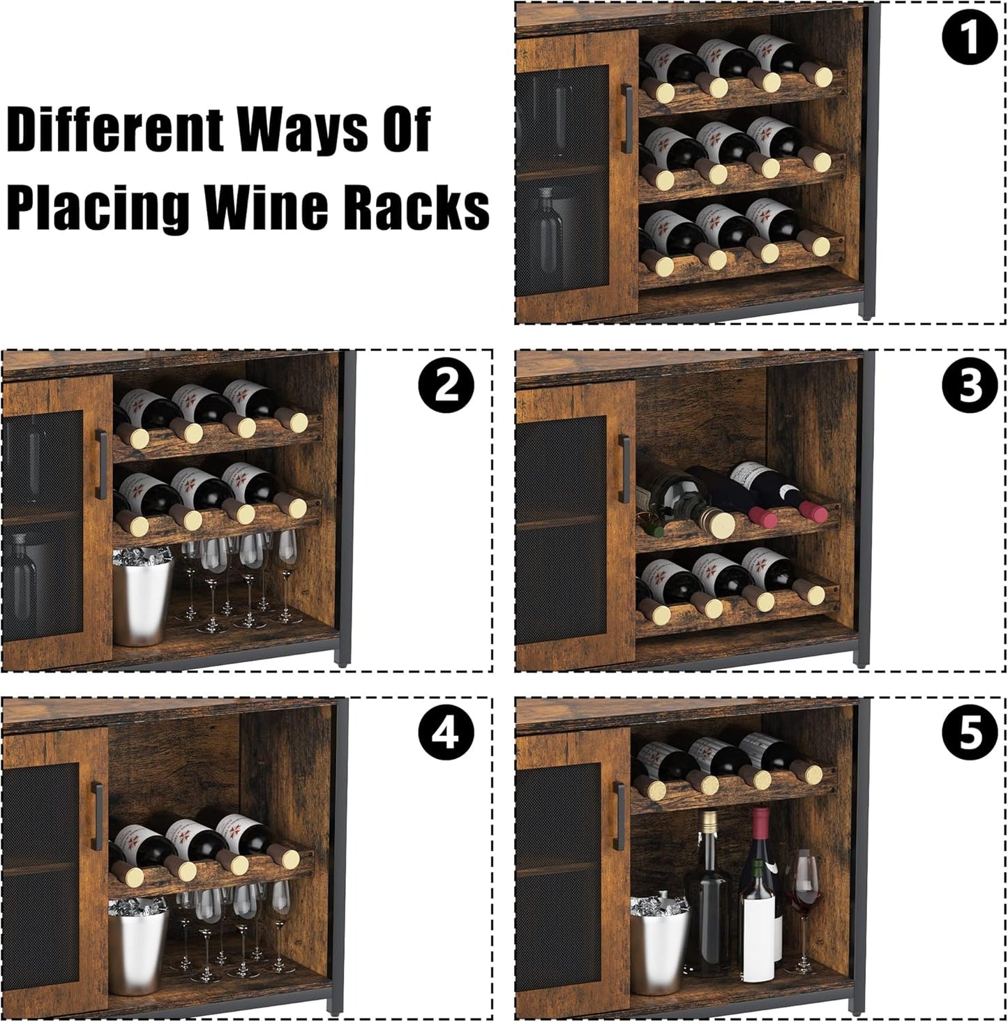 Wine Bar Rack Cabinet with LED Light, Adjustable Shelves Coffee Bar Cabinet with Mesh Door and Baffle Design, 36″ Tall Small Liquor Bar Cabinet for Home, Kitchen, Dinning Room, Rustic Brown