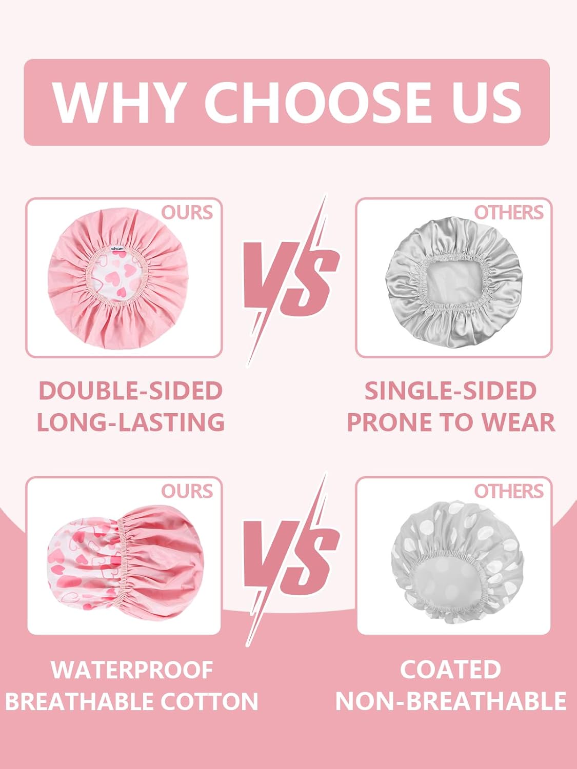 Shower Caps for Women Reusable Waterproof, Double Layer Waterproof Fabric - Both Sides Usable, Reversible Pattern & Solid Color Design, Soft Elastic Keeps Hair Dry for shower Spa Travel